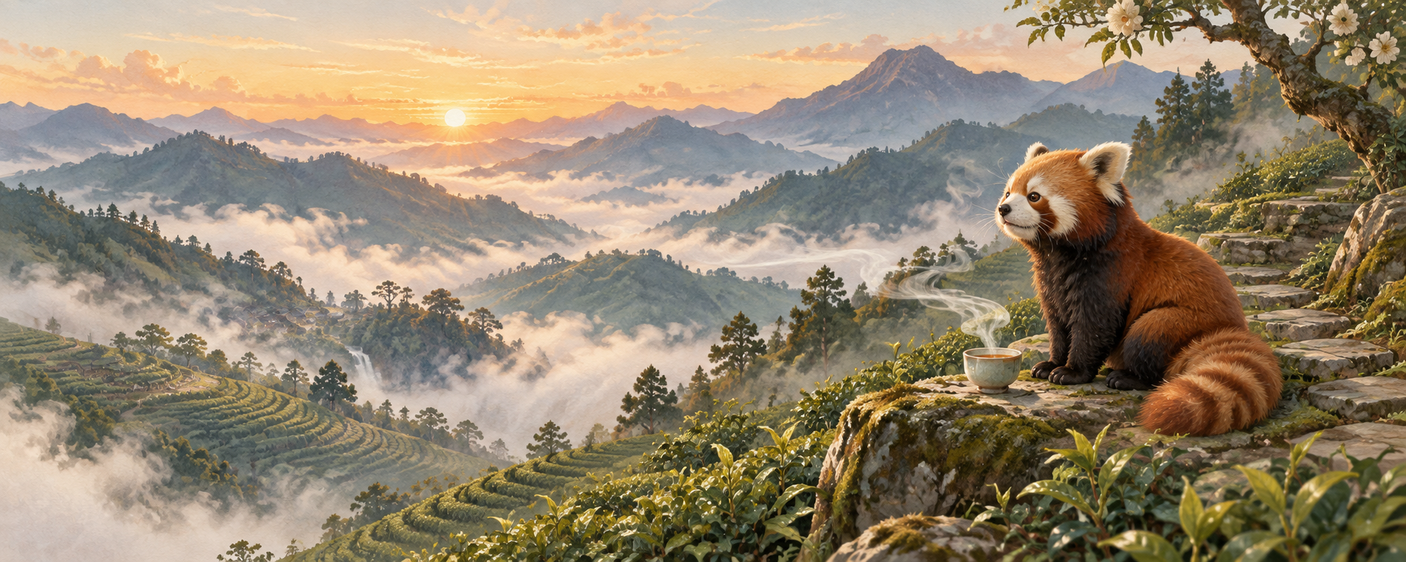 A red panda beside a cup of tea overlooking misty mountain tea gardens at sunrise